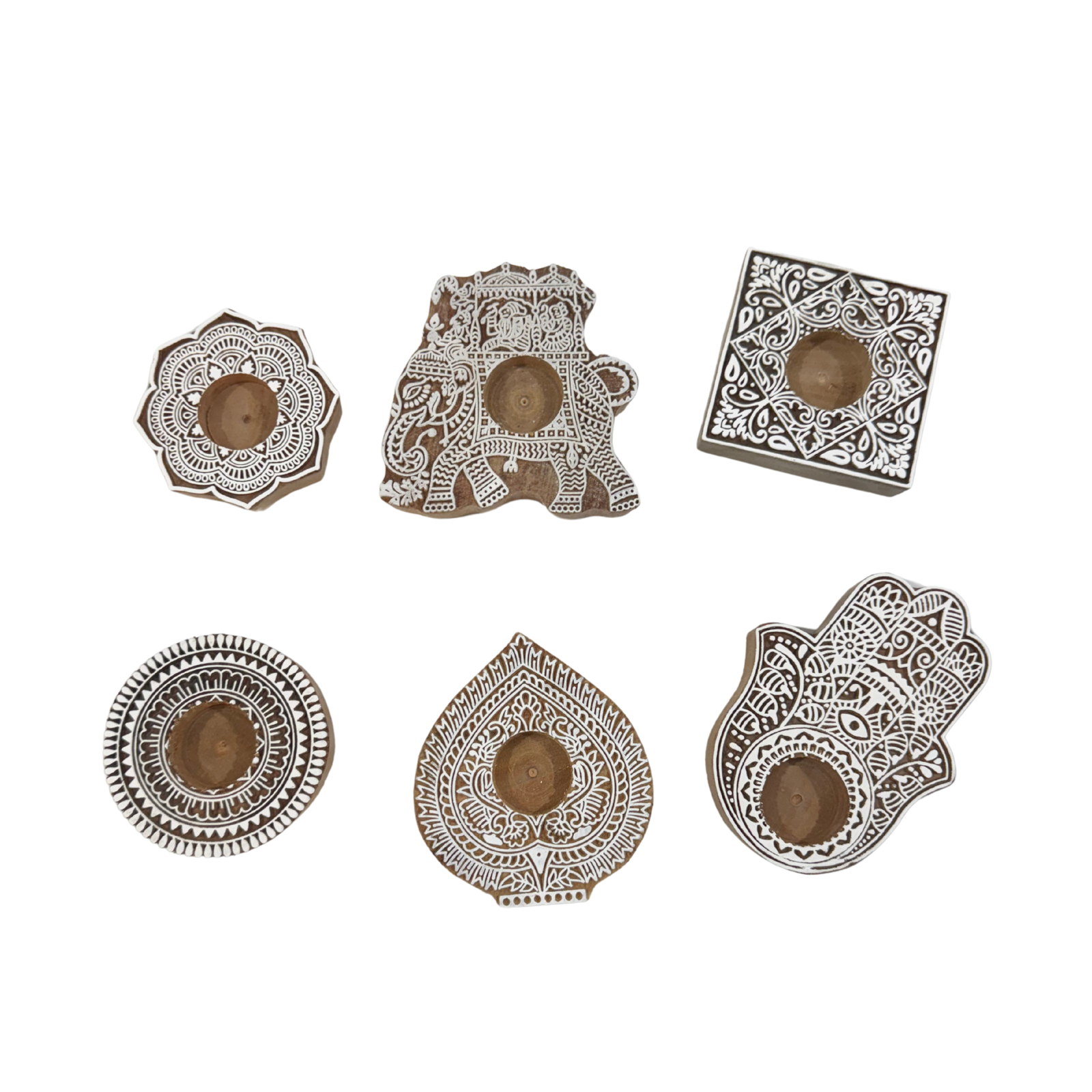 Hand-Carved Wooden Block Print Tealight Holders Set | Traditional Jali Cut-Work Shell Pattern | Indian Heritage Mandala Geometric Design Candle Collection