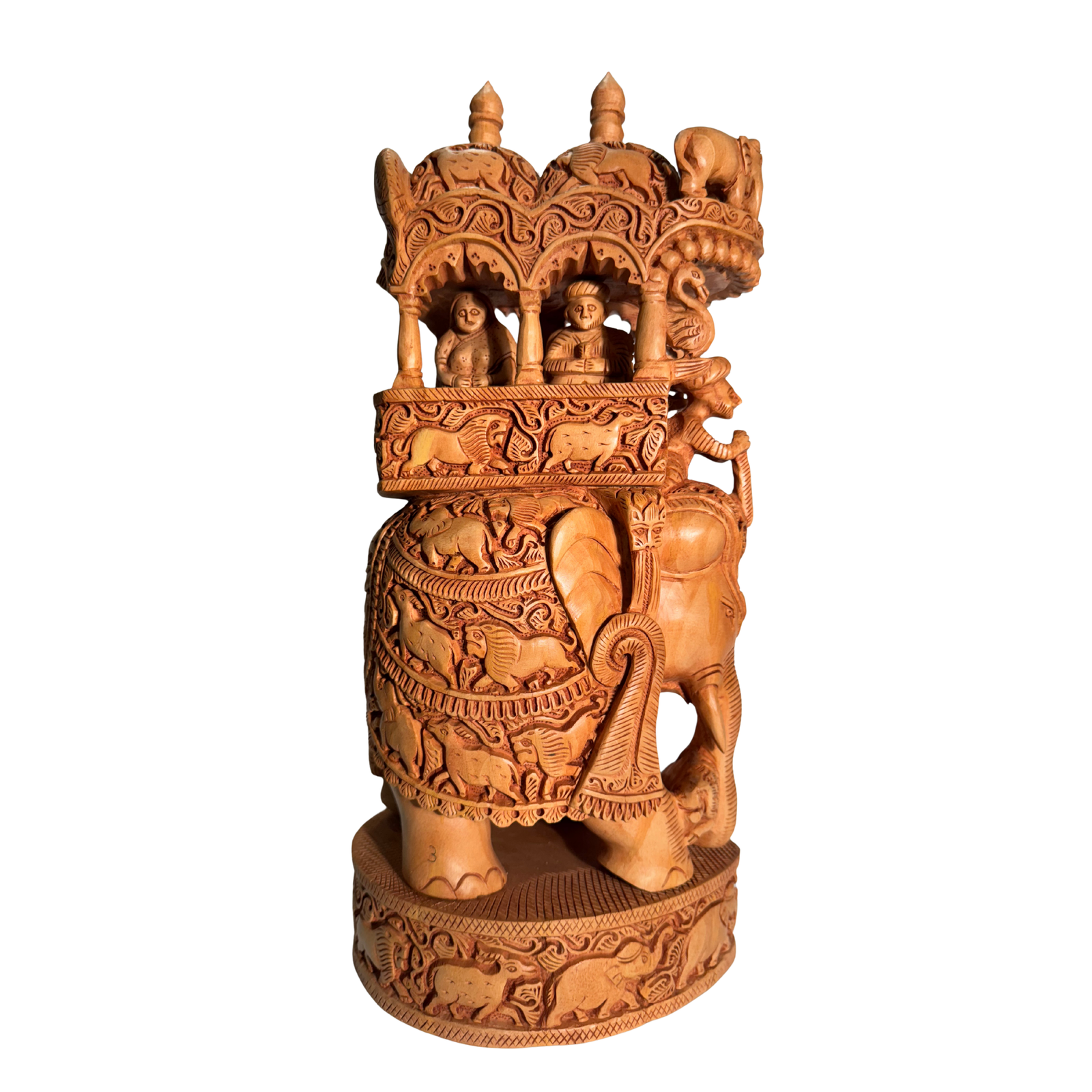 Hand-Carved Wooden Royal Elephant Procession | King Queen Mahout Ambari Sculpture | Single Block Carving Indian Heritage Palace Art Showpiece