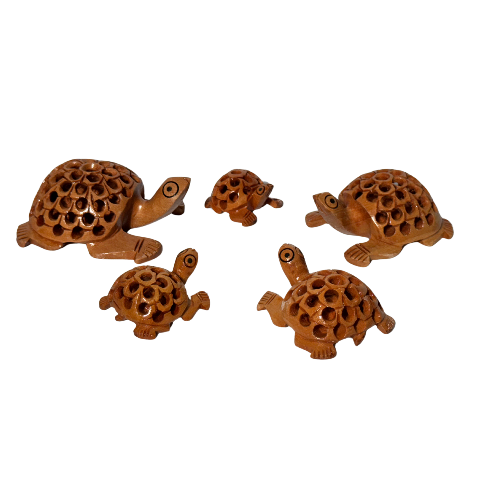 Hand-Carved Wooden Turtle Family Set Jali Work | Five Piece Graduated Sizes Traditional Lattice Shell Pattern | Longevity Family Unity Decor