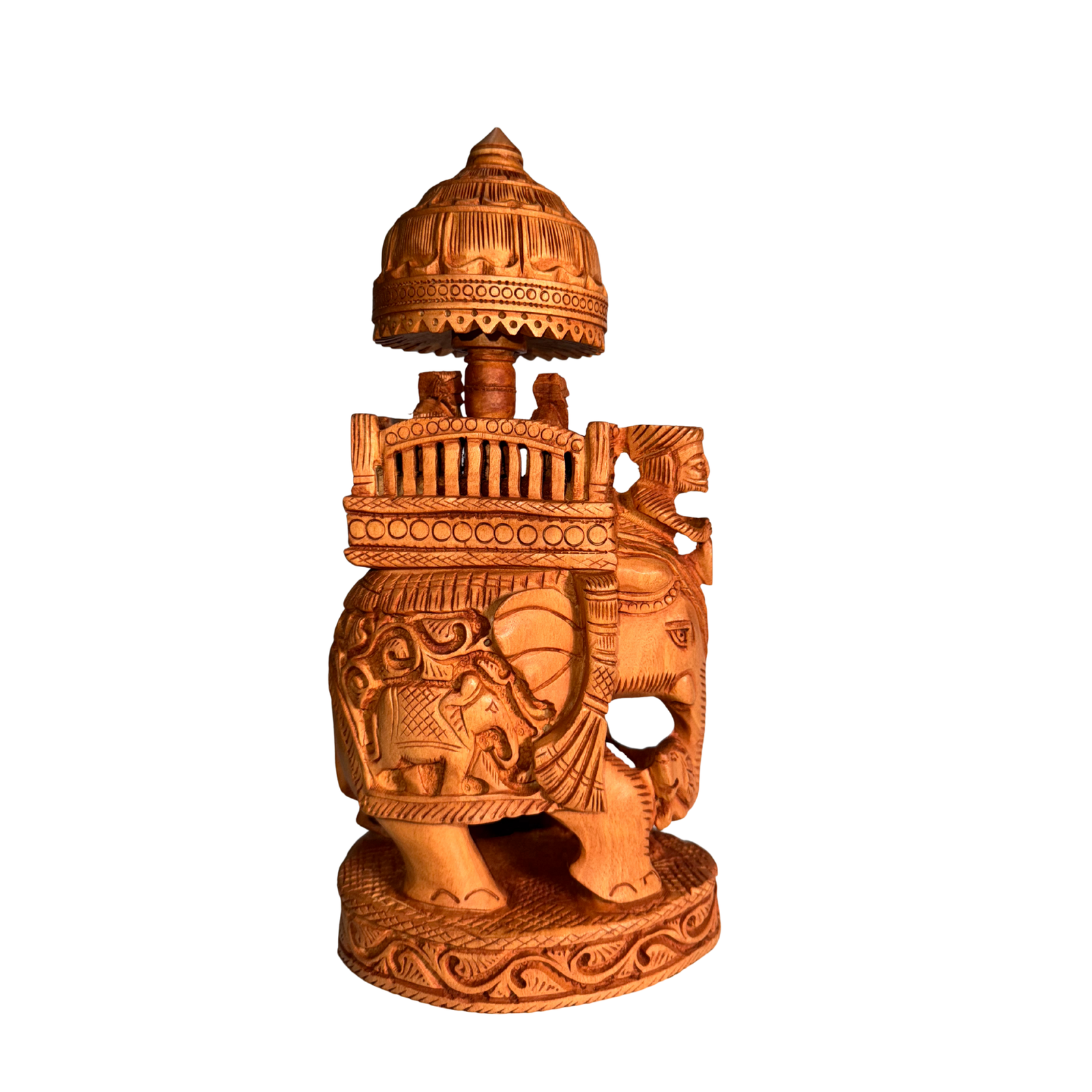Hand-Carved Wooden Royal Elephant Procession | King Queen Mahout Ambari Sculpture | Single Block Carving Indian Heritage Palace Art Showpiece
