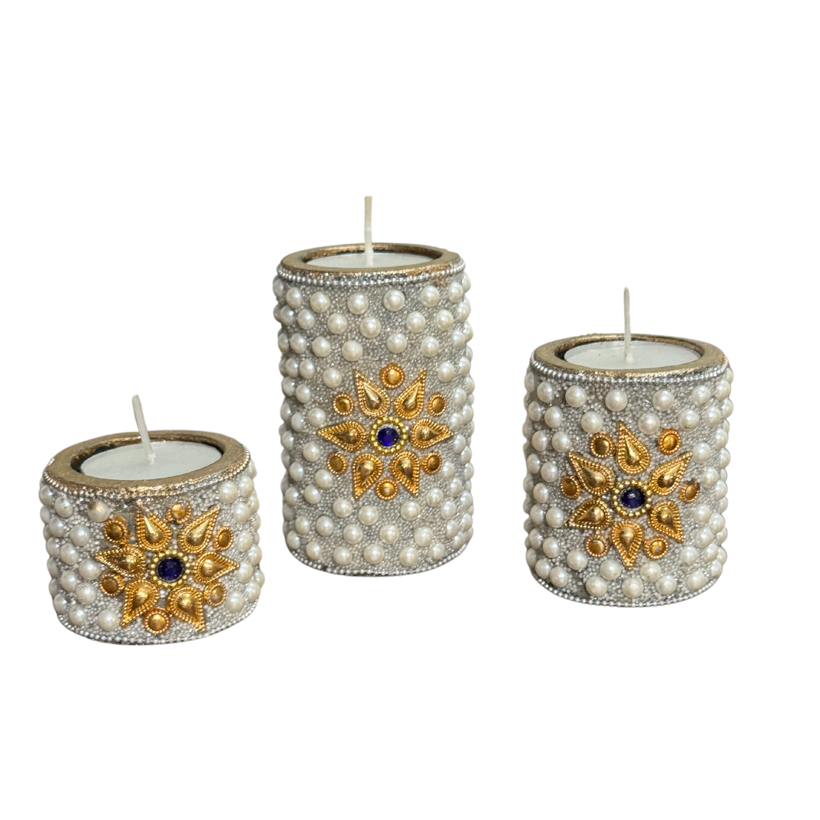 Pearl Embellished Decorative Candle Set of 3 | Luxury Tealight Holders | Elegant Table Centerpiece Wedding Home Decor Premium Gift