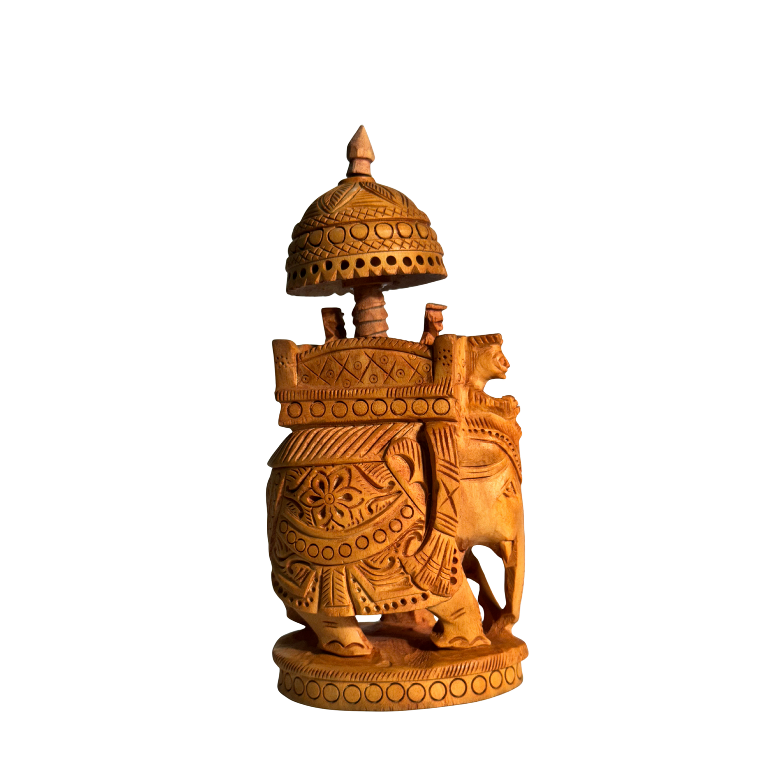 Hand-Carved Wooden Royal Elephant Procession | King Queen Mahout Ambari Sculpture | Single Block Carving Indian Heritage Palace Art Showpiece