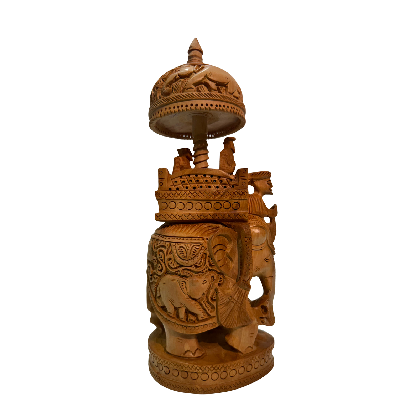 Hand-Carved Wooden Royal Elephant Procession | King Queen Mahout Ambari Sculpture | Single Block Carving Indian Heritage Palace Art Showpiece