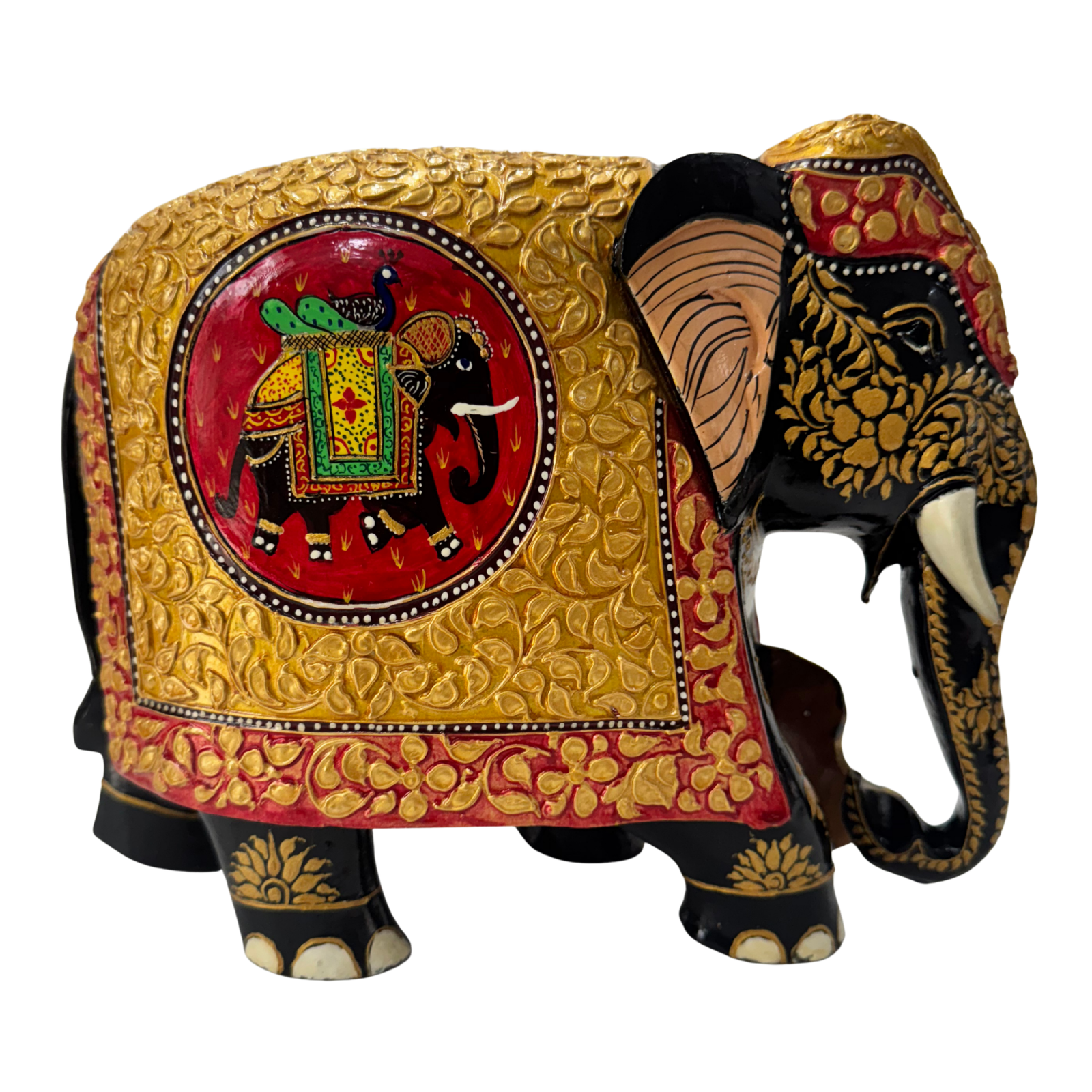 Hand-Carved Embossed Hand-Painted Wooden Elephant | Traditional Indian Art Triple Artistry | Raised Relief Patterns Colorful Rajasthani Design Masterpiece