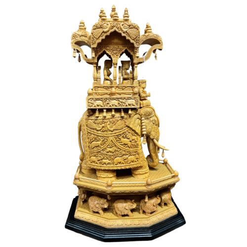 Hand-Carved Wooden Royal Elephant Procession | King Queen Mahout Ambari Sculpture | Single Block Carving Indian Heritage Palace Art Showpiece
