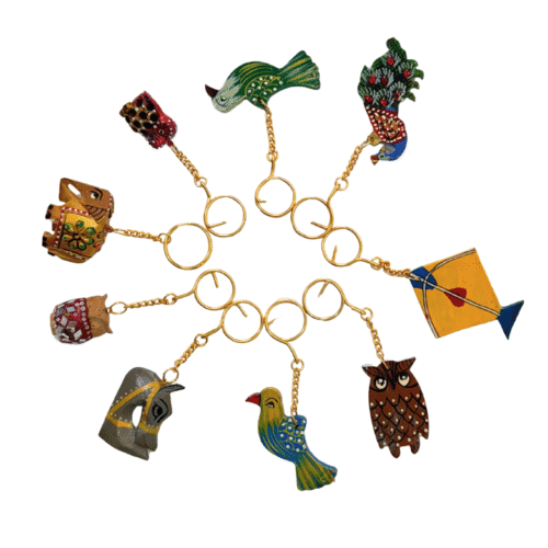 Hand-Carved Wooden Animal Keychains Set | Elephant Owl Bird Kite Folk Art | Traditional Hand-Painted Key Ring Collection
