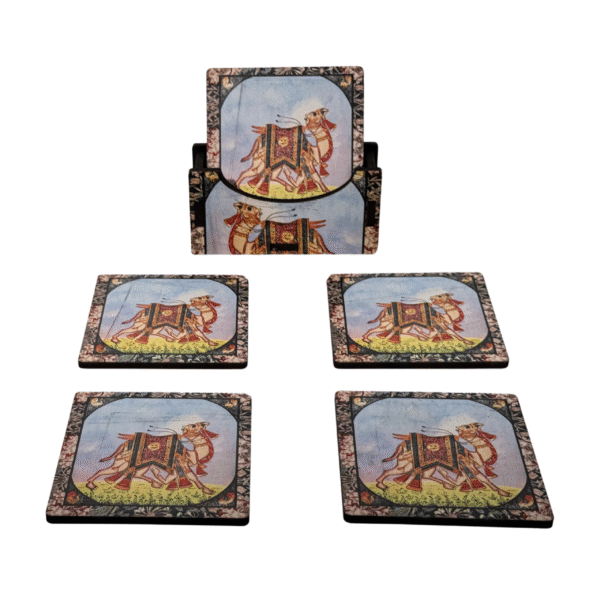 Handmade Wooden Tea Coaster Set | Hand-Painted Elephant Spice Design & Camel Print Collection | Traditional Indian Art Table Protection Decor