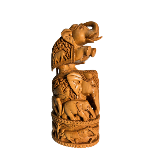 Hand-Carved Two Elephants Stacked Wooden Sculpture | Single Block Carving Family Unity Symbol | Generational Support Strength Showpiece Deco