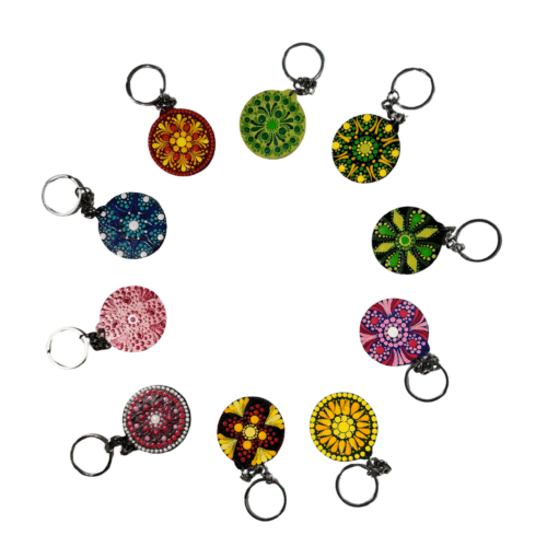 Handmade Mandala Keychains Set | Hand-Painted Dot Art Pattern Sacred Geometry | Colorful Traditional Boho Key Ring Collection Spiritual Meditation Gift