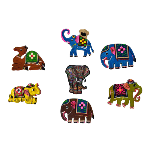 Unique Fridge magnets | Hand-Painted Wooden Animal Fridge Magnets Set | Traditional Indian Folk Art Elephant Camel Kitchen Decor | Colorful Refrigerator Decoration Gift