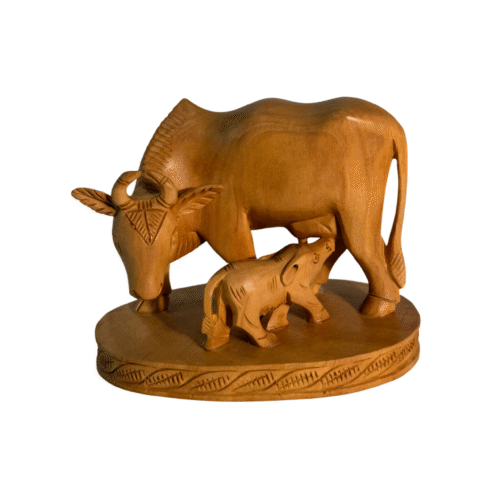 Hand-Carved Wooden Kamdhenu Cow Statue | Sacred Wish-Fulfilling Divine Cow Hindu Goddess | Prosperity Abundance Puja Room Temple Decor Vastu