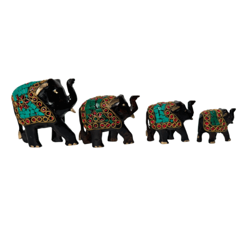 Hand-Carved Embossed Wooden Elephant Stone Chips Inlay | Natural stone Mosaic Art Traditional Technique | Collector's Investment Piece