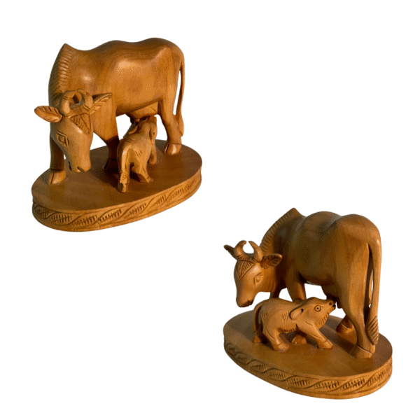 Hand-Carved Wooden Kamdhenu Cow Statue | Sacred Wish-Fulfilling Divine Cow Hindu Goddess | Prosperity Abundance Puja Room Temple Decor Vastu